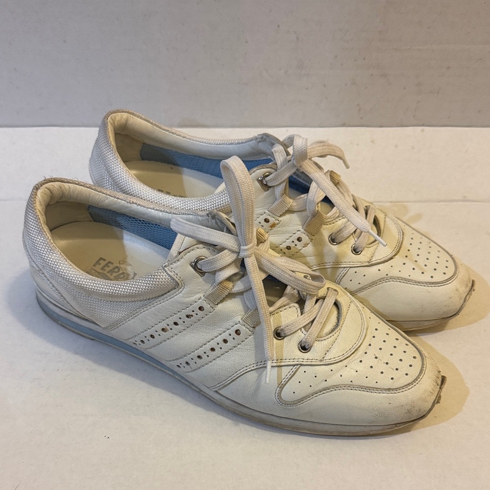Salvatore Ferragamo Pliny White Leather Sneakers Size 8